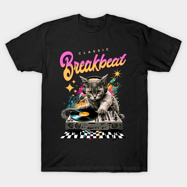 BREAKBEAT  - Cat Dj checker floor T-Shirt by DISCOTHREADZ 